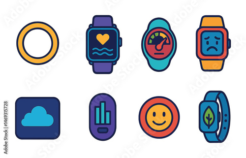 Wearable tech line icons set – fitness, health, smartwatch graphics