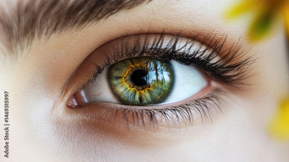 Obraz premium A close-up of eyes reflecting the natural beauty of a green meadow with wildflowers.