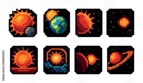 Space exploration pixel art icons set – cosmic, planets, galaxy symbols