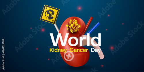 World Kidney Cancer Day. Kidney, cancer, earth sign, light and plus icon. Great for posters, banners, social media and more. Blue background.