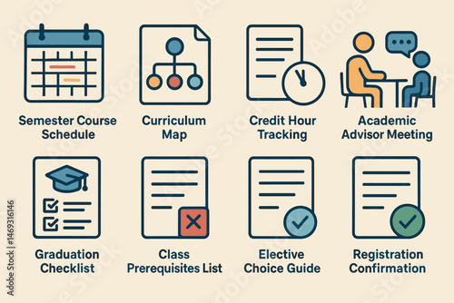 Academic planning icons set – solid, filled, course and schedule management visuals