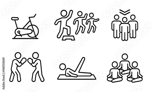 Fitness linear icons set – outline, workout, exercise and health symbols