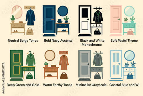 Home decor silhouette icons set – outline, filled, interior design and style symbols