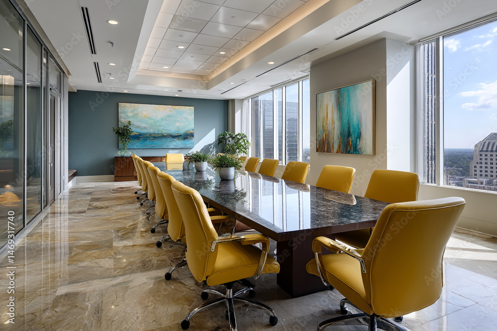 Fototapeta premium Modern office conference room with large windows, yellow chairs around a long table, and abstract artwork on walls, showcasing a successful business environment