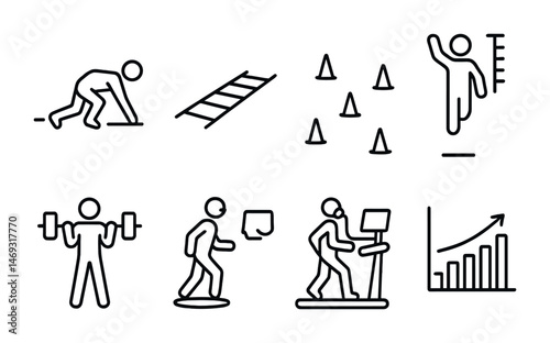 Fitness and exercise outline icons set – line, workout, health symbols