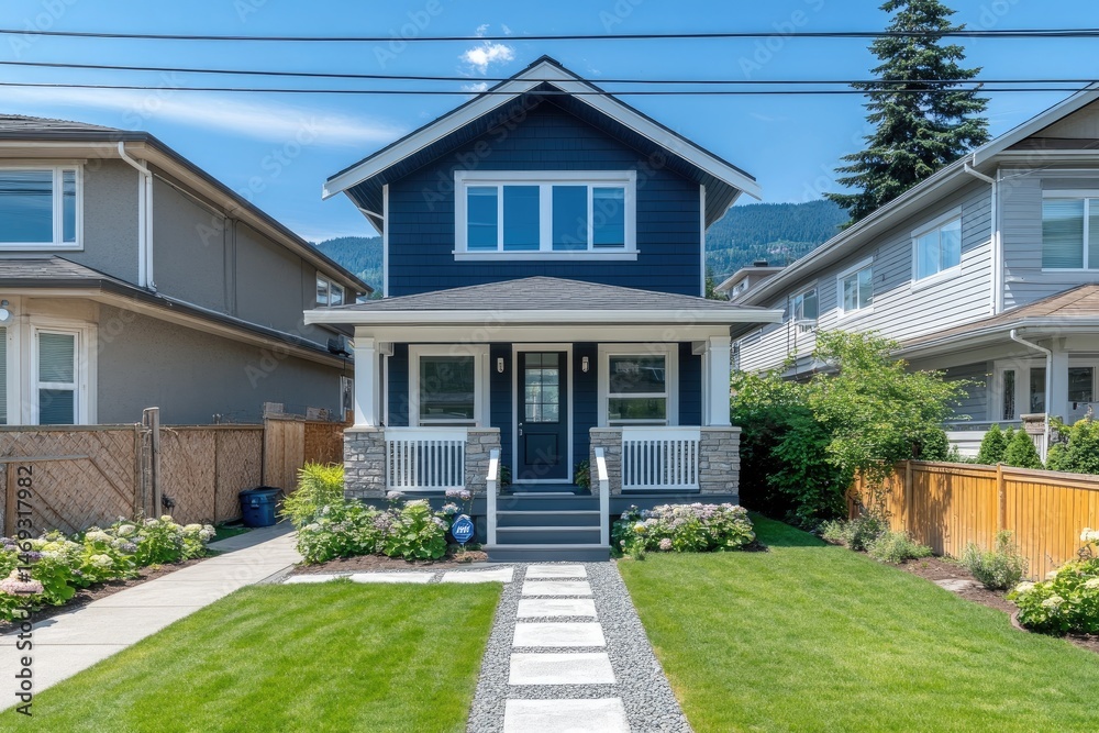 Charming, modern, single-family home with a dark blue exterior, nestled among other houses. Landscaped front yard with a walkway leading to the front door Charming, modern, single-family home with a dark blue exterior, nestled among other houses. Landscaped front yard with a walkway leading to the front door
