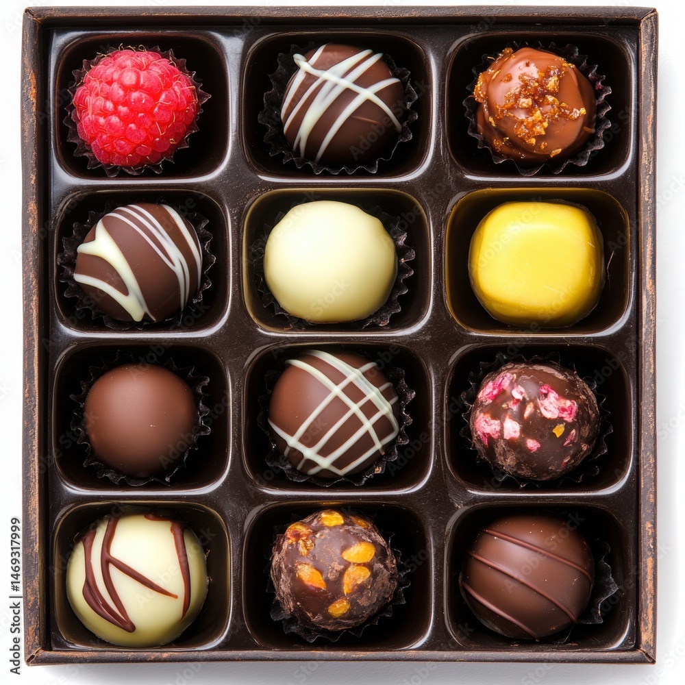 A delightful assortment of filled chocolate truffles, with fillings like lemon zest ganache, dark chocolate A delightful assortment of filled chocolate truffles, with fillings like lemon zest ganache, dark chocolate