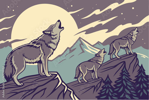 83 howling wolf pack in mountains, full moon night sky, wilderness landscape, cinematic lighting, detailed wolf fur, highly detailed, vibrant colors, award winning photography, stunning