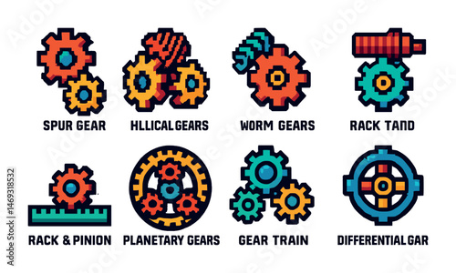 Mechanical linear icons set – gear, engineering, machinery and machine parts