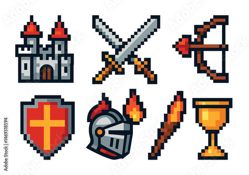 Medieval adventure pixel art icons set – vintage, retro, fantasy symbols