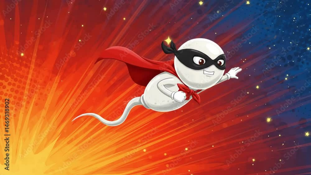 Flying Sperm Superhero Cartoon Character Graphic Animation, perfect for educational videos about human reproduction