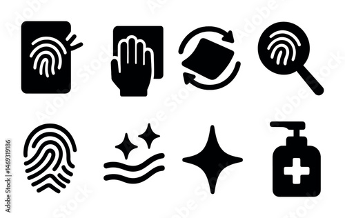 Fingerprint and security solid icons set – flat, filled, identification symbols