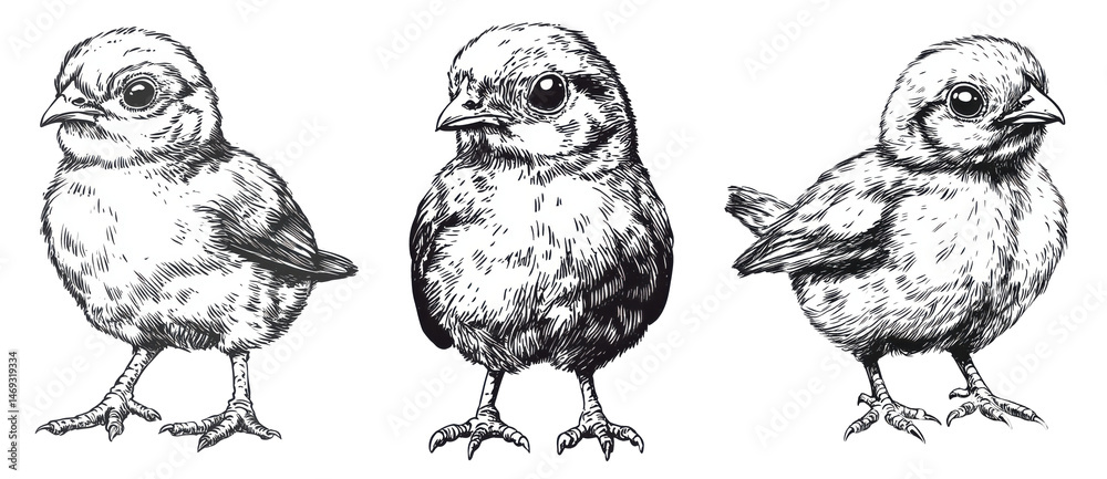three cute chicks black and white ink drawing on transparent background three cute chicks black and white ink drawing on transparent background