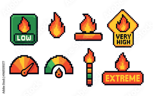 Retro pixel fire and hazard icons for alert and safety design