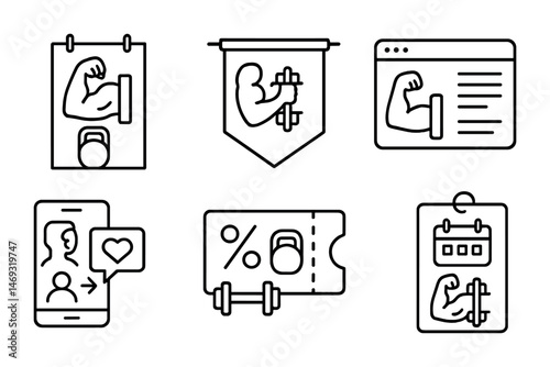 Fitness and gym outline icons set – workout, exercise, healthy lifestyle graphics
