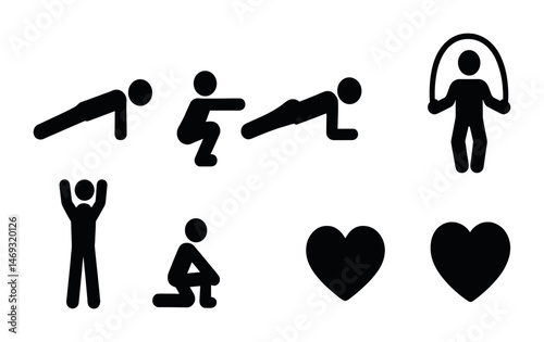 Fitness and exercise icons set – solid, silhouette, workout and training symbols