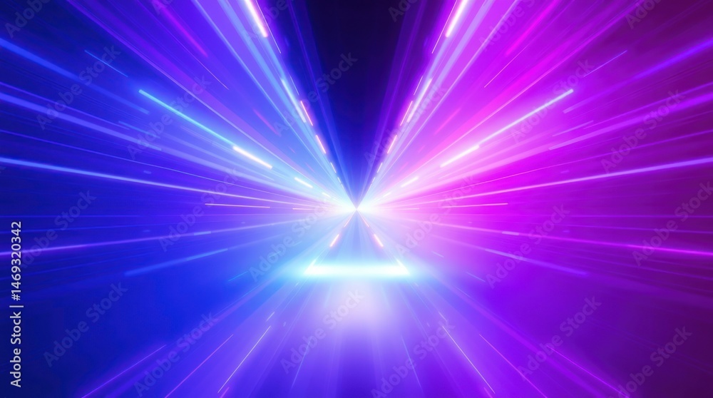 Fototapeta premium Vibrant neon rays converge at a luminous triangle, creating a dynamic, symmetrical light burst
