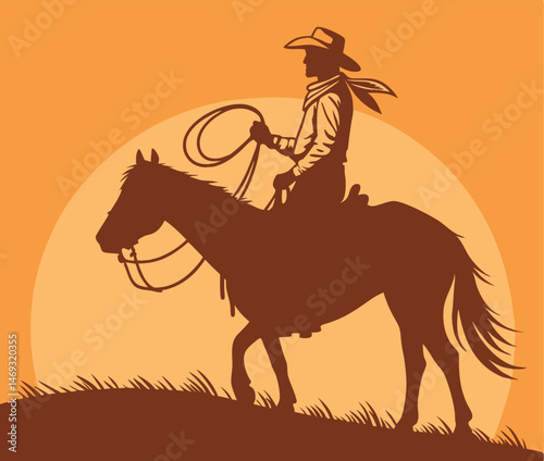 high-contrast vector silhouette of a cowboy on horseback, centered on a plain sunset orange background. Use a classic western silhouette style.
