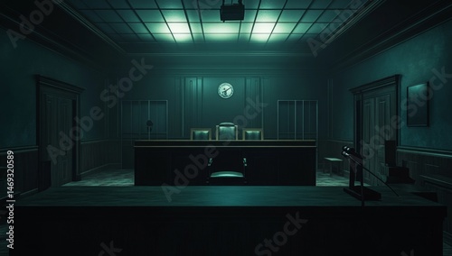 Empty, dimly lit, institutional room.  Formal meeting table, dark wood
