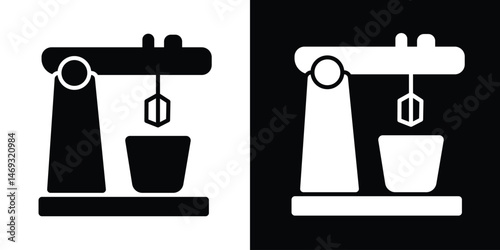 Kitchen stand mixer icon vector in black and white. Simple line design of baking appliance used for mixing dough, batter, and ingredients.
