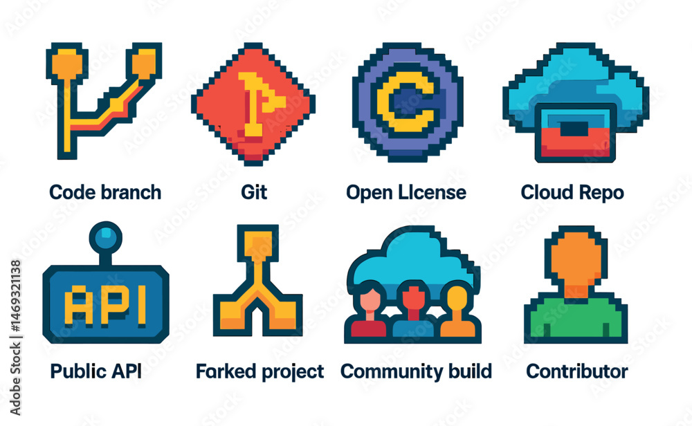 Fototapeta premium Development tools pixel art icons set – coding, open source, tech symbols
