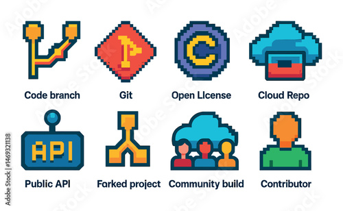 Development tools pixel art icons set – coding, open source, tech symbols