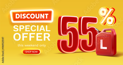 Discount on a canister of gasoline liters, 55 percent discount on liters. Vector illustration