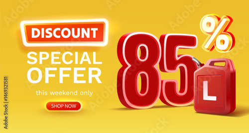 Discount on a canister of gasoline liters, 85 percent discount on liters. Vector illustration