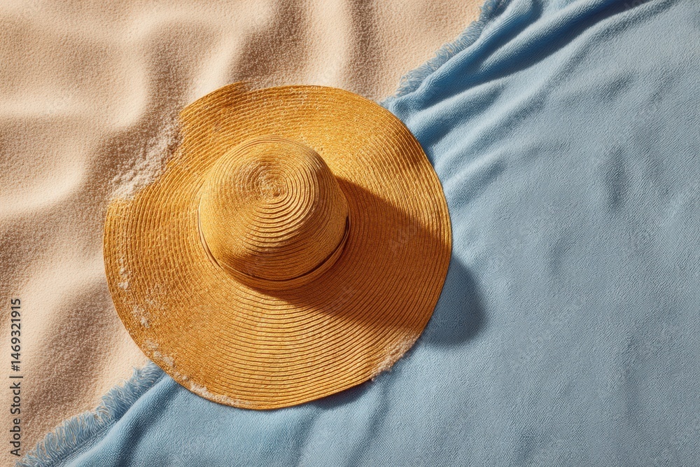 Floppy Sunhat Rests on a Blue Towel Surrounded by Golden Sand at a Beach During a Sunny Day Generative AI