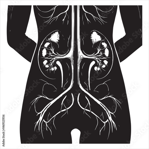 Black silhouette of two human kidneys with veins and arteries, anatomically detailed on a white background 