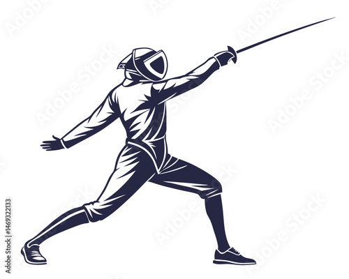 high-contrast vector silhouette of a fencer in action, centered on a plain white background. Use a sharp and elegant style.
