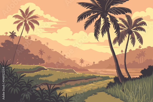 84 tropical palm trees at sunset, lush vegetation, serene landscape, warm golden light, vibrant colors, photorealistic, cinematic, 4K resolution