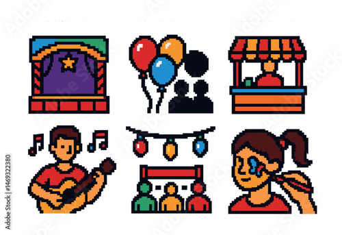 Festival and celebration pixel art icons set – vibrant, fun, party symbols
