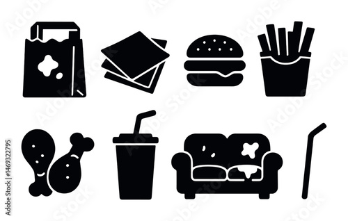 Fast food silhouette icons set – solid, filled, burger and snack symbols