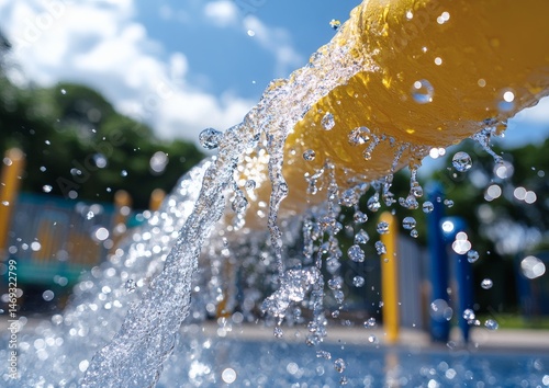 Wallpaper Mural Outdoor water stream from yellow hose in park splash pad with playground background under sunny blue sky
 Torontodigital.ca