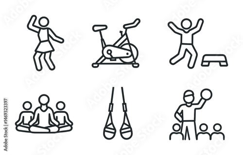 Fitness and exercise line icons set – health, workout, gym and training symbols