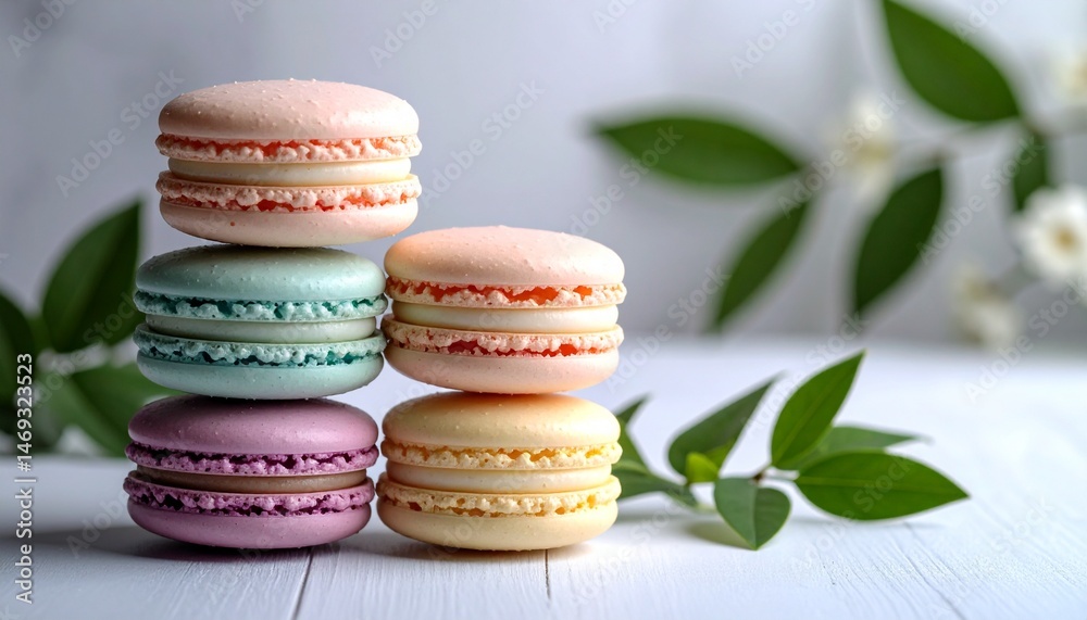 Obraz premium Delicious Pastel Macarons Stacked Beautifully with Green Leaves