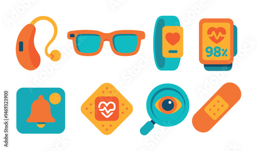 Health and fitness flat icons set – wellness, exercise, medical symbols