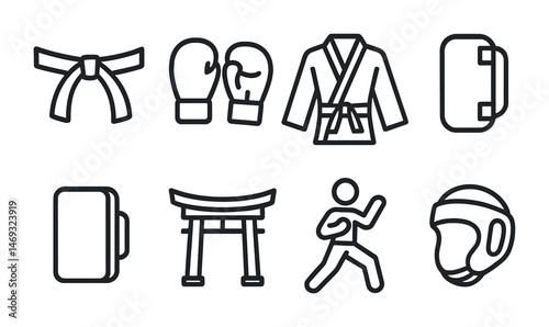 Martial arts line icons set – silhouette, karate, boxing and sports equipment symbols