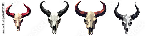 Low-poly Set of horned demon skull in a vector illustration against a Transparent or white background, A trendy and modern logo design, making it suitable for printing.