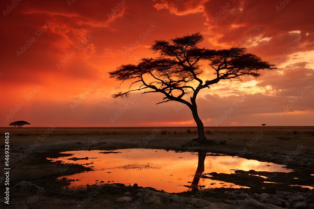 African Savanna Sunset Landscape with Silhouetted Acacia Tree African Savanna Sunset Landscape with Silhouetted Acacia Tree