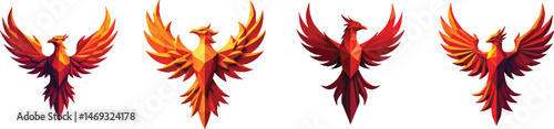 Low-poly Set of phoenix bird head in a vector illustration against a Transparent or white background, A trendy and modern logo design, making it suitable for printing.