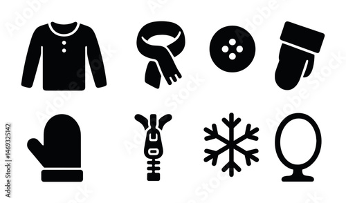 Winter clothing solid icons set – silhouette, filled, cozy fashion elements