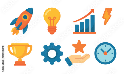 Business growth flat icons set – progress, success, corporate visuals