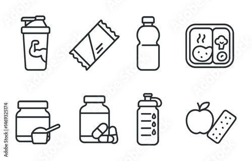 Fitness and nutrition outline icons set – line, minimalist, healthy lifestyle symbols