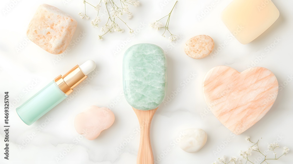 Flatlay of Jade Roller Gua Sha and Ampoules with Calming Pastel Colors on Marble Flatlay of Jade Roller Gua Sha and Ampoules with Calming Pastel Colors on Marble