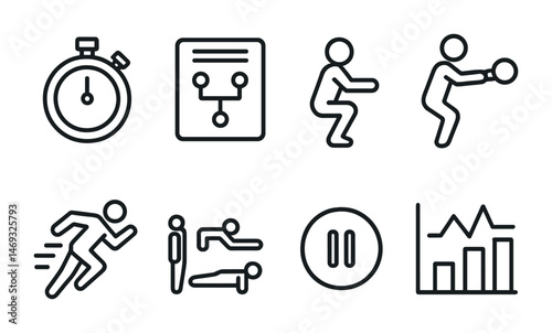 Fitness and exercise outline icons set – linear, workout, health symbols