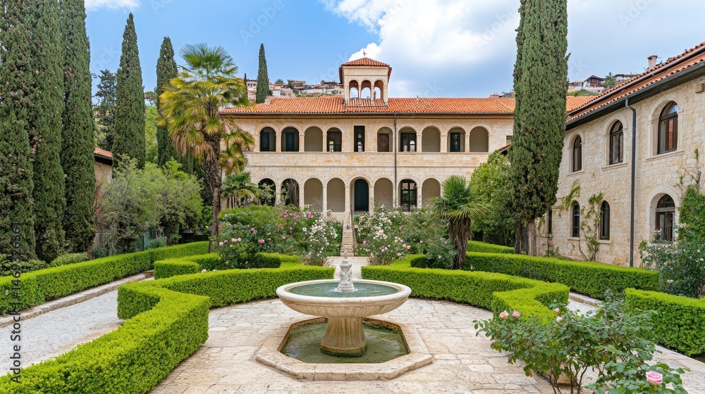Obraz premium A tranquil courtyard with a fountain, lush gardens, and a historic building