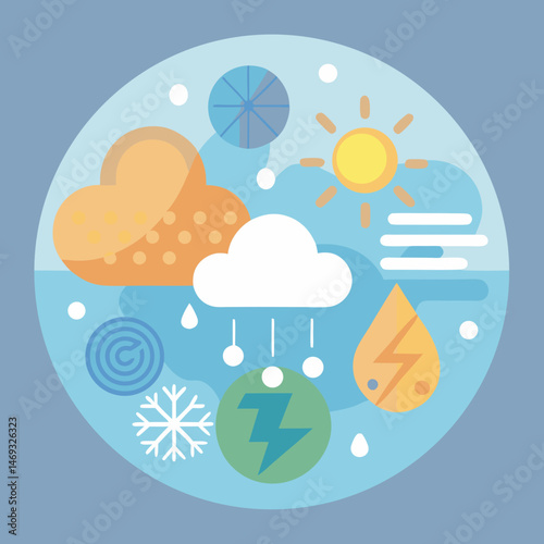 Weather forecast icon featuring clouds, sun, rain, lightning, and thunder, representing various weather conditions.