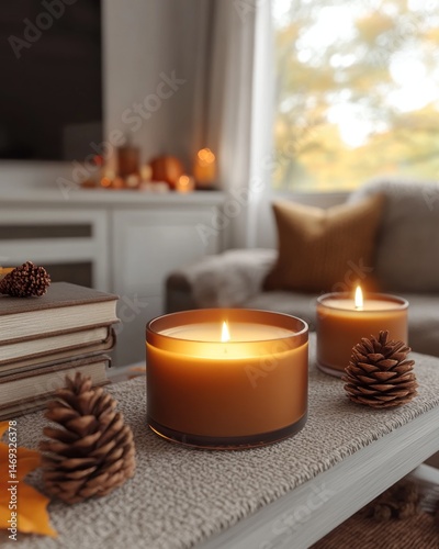 Cozy autumnal ambiance with candles and decor photo